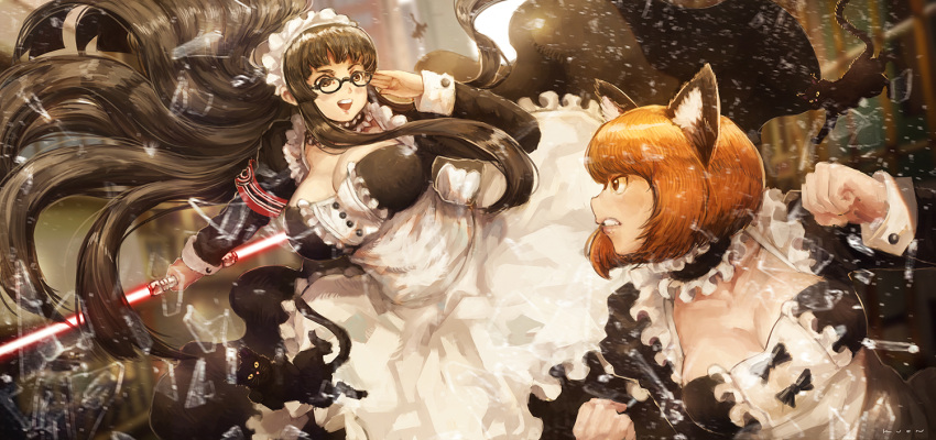 2girls adjusting_glasses animal_ears apron armband backlighting bangs battle black_dress black_hair blunt_bangs breasts brown_eyes brown_hair cat_ears choker cleavage clenched_hands double-blade dress energy_sword frilled_apron frilled_choker glass_shards glasses hand_up holding_weapon huge_breasts kuon_(kwonchanji) large_breasts lightsaber lips long_hair long_sleeves looking_at_viewer maid maid_apron maid_headdress multiple_girls open_mouth original serious shattered shiny shiny_hair short_hair sword teeth tongue very_long_hair weapon