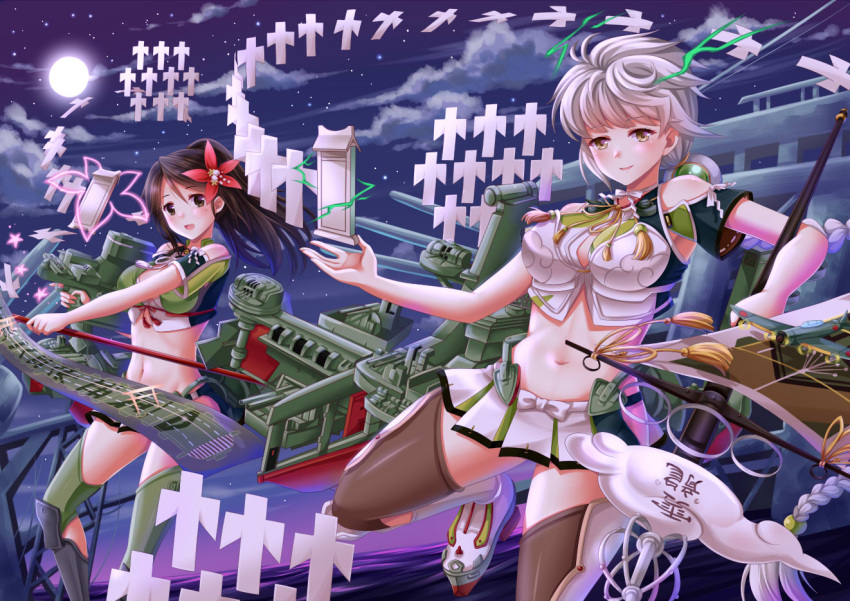 2girls :d amagi_(kantai_collection) braid breasts brown_eyes brown_hair electricity flower full_moon hair_flower hair_ornament kantai_collection large_breasts long_hair machinery midriff mole moon multiple_girls onmyouji open_mouth silver_hair single_braid smile staff thigh-highs unryuu_(kantai_collection) very_long_hair villyane yellow_eyes