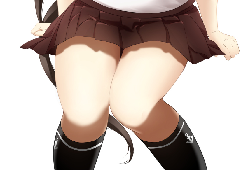 1girl anchor_symbol ayanami_(kantai_collection) black_legwear brown_hair brown_skirt clenched_hands commentary_request highres kantai_collection kneehighs knees_together_feet_apart long_hair lower_body ohiya school_uniform serafuku side_ponytail simple_background skirt solo thighs uniform white_background