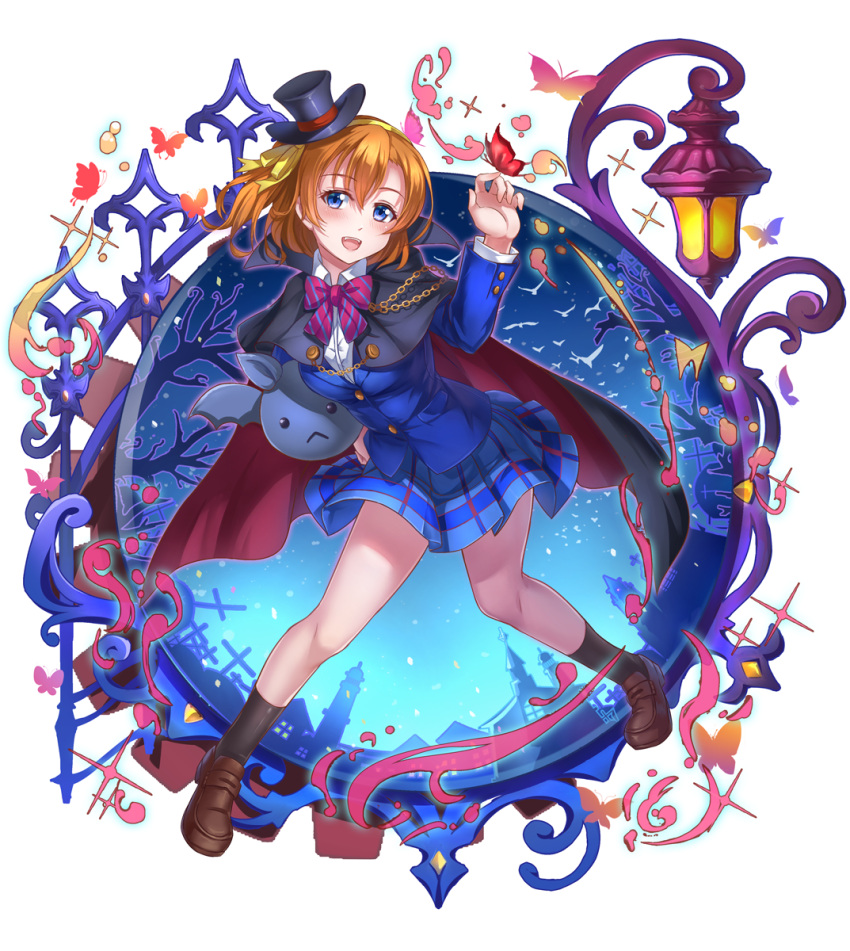 1girl :&lt; :d bangs bare_tree blazer blue_eyes blue_skirt bow bowtie brown_shoes butterfly buttons cape cross graveyard hair_between_eyes hair_bow hair_ribbon hairband hand_on_hip hat highres house kneehighs kousaka_honoka lamp leaning_forward legs_apart loafers long_sleeves looking_at_viewer love_live!_school_idol_festival love_live!_school_idol_project miazi mini_top_hat night one_side_up open_mouth orange_hair plaid plaid_skirt pleated_skirt ribbon school_uniform shirt shoes skirt smile solo standing striped striped_bowtie stuffed_animal stuffed_toy teeth top_hat tower tree white_shirt yellow_bow yellow_ribbon