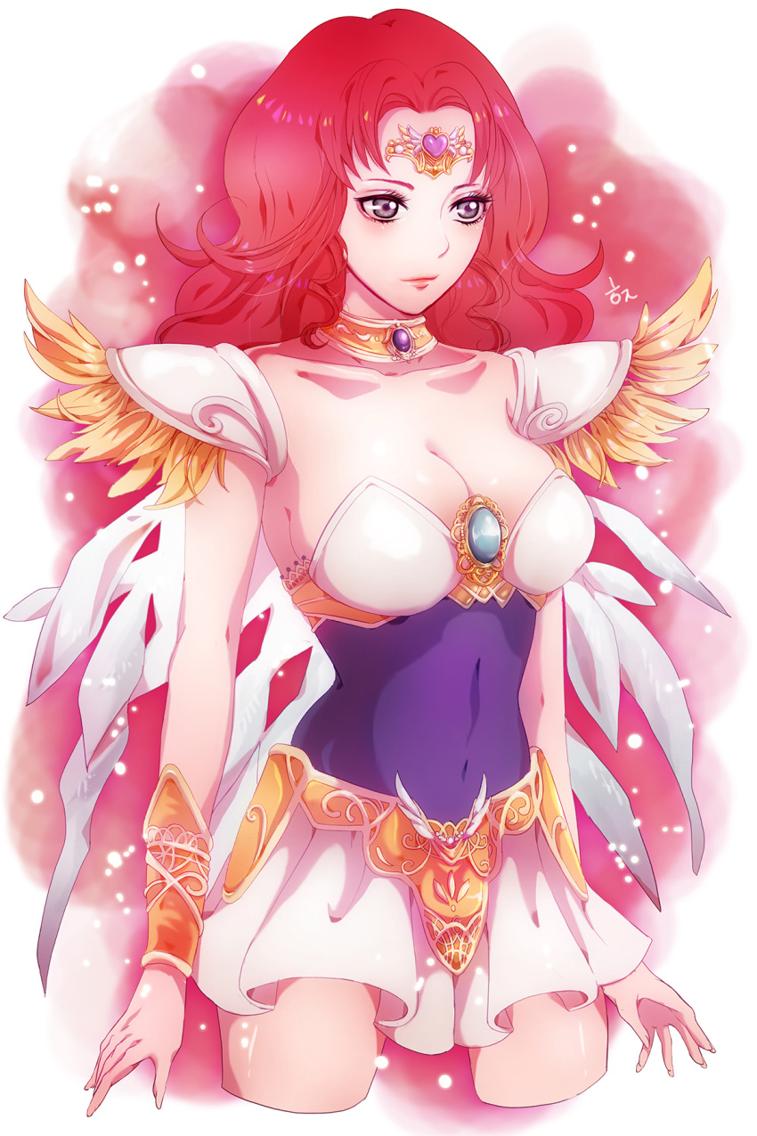 1girl angel_salvia breasts brooch choker cleavage collarbone covered_navel cowboy_shot expressionless grey_eyes highres jewelry magical_girl mamun red_background redhead scarlet_ohara short_hair shoulder_pads skirt solo tiara wedding_peach white_skirt