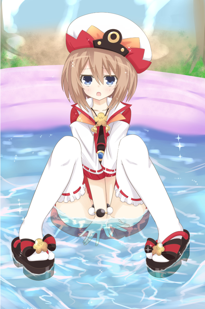 1girl blanc blue_eyes blush brown_hair hat highres looking_at_viewer mayou neptune_(series) open_mouth short_hair sitting solo water wet