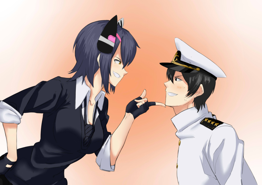 1boy 1girl absurdres admiral_(kantai_collection) black_eyes black_hair blush eye_contact finger_to_another's_chin fingerless_gloves gloves grin hand_on_hip hat headgear highres kantai_collection leaning_forward looking_at_another loose_necktie military military_uniform naval_uniform necktie peaked_cap purple_hair sanho_(bin0910) school_uniform short_hair smile sweatdrop tenryuu_(kantai_collection) uniform yellow_eyes