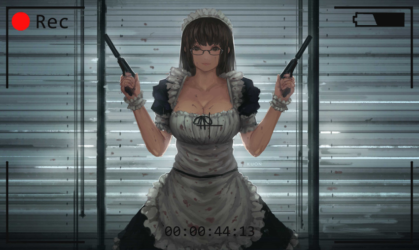 1girl absurdres apron artist_name black_dress blood blood_on_breasts blood_on_face blood_stain bloody_clothes breasts cleavage collarbone day dress dual_wielding film_grain frilled_apron glasses gun handgun highres kuon_(kwonchanji) large_breasts lips looking_at_viewer maid maid_apron maid_headdress original pistol recording short_hair short_sleeves shutter_shades solo sunlight suppressor time weapon wrist_cuffs