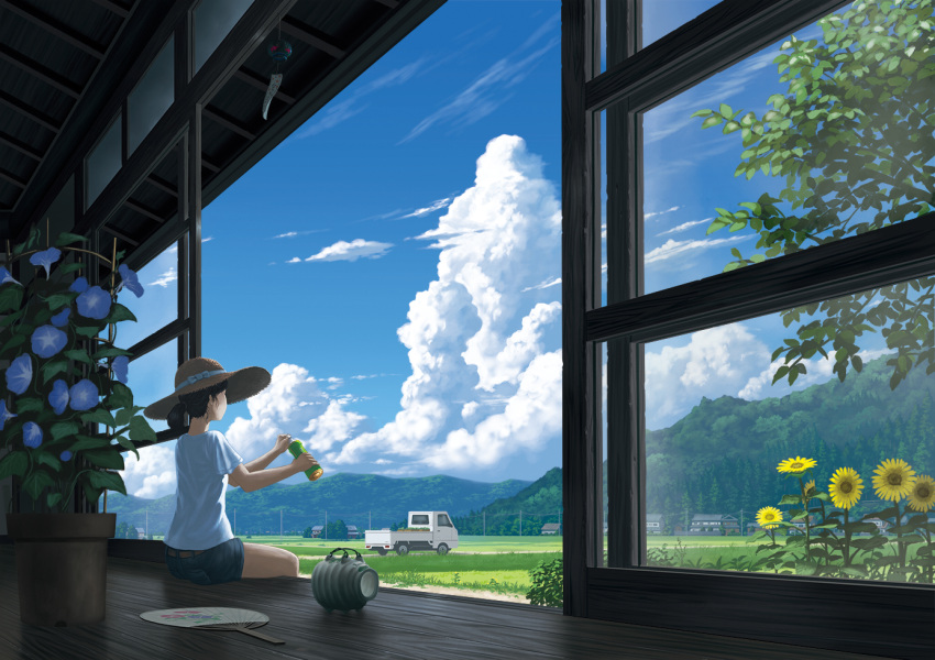 1girl black_hair bottle clouds denim denim_shorts fan flower grass hat morning_glory motor_vehicle nauimusuka original paper_fan ponytail porch power_lines scenery short_hair shorts sky solo sunflower truck uchiwa vehicle water_bottle