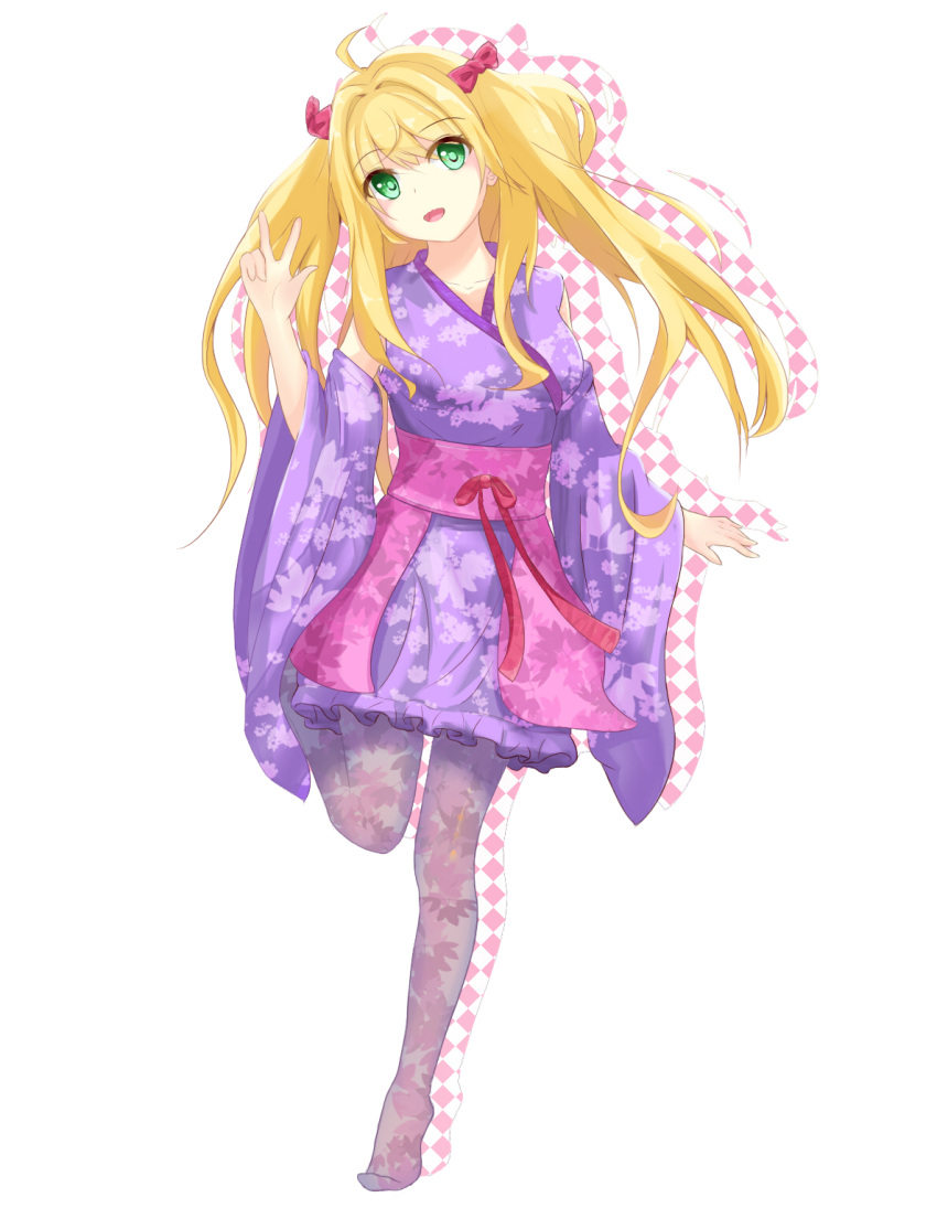 1girl blonde_hair green_eyes hair_ornament highres japanese_clothes kimono loading_(vkjim0610) long_hair looking_at_viewer original simple_background solo white_background
