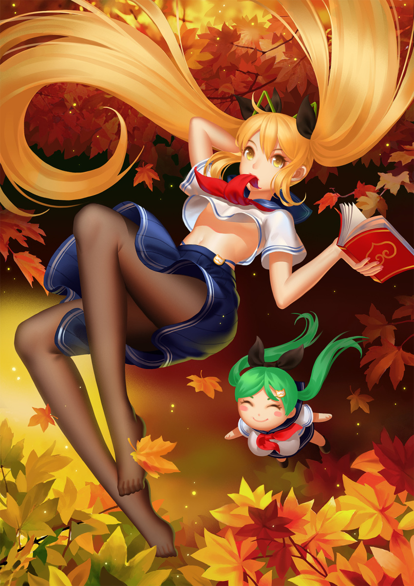 2girls ^_^ aqua_hair arm_behind_head autumn_leaves bangs black_legwear black_ribbon blonde_hair blue_panties blue_skirt blush_stickers book bow breasts cat cat_hair_ornament closed_eyes falling_leaves floating floating_hair glowing hair_between_eyes hair_bow hair_ornament hair_ribbon highleg highleg_panties highres holding holding_book large_breasts long_hair mouth_hold multiple_girls navel no_shoes open_book original outstretched_arms panties pantyhose pleated_skirt red_ribbon ribbon school_uniform serafuku short_sleeves shui_qian_he_kafei skirt soles spread_arms stomach twintails under_boob underwear upshirt upskirt very_long_hair white_blouse yellow_eyes