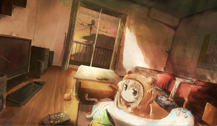 1girl air_conditioner bag bed blonde_hair brown_eyes computer controller curtains futaba_anzu game_controller hoodie idolmaster idolmaster_cinderella_girls indoors messy_hair nekopote poster_(object) school_bag sliding_doors soda solo speaker table tagme wavy_mouth