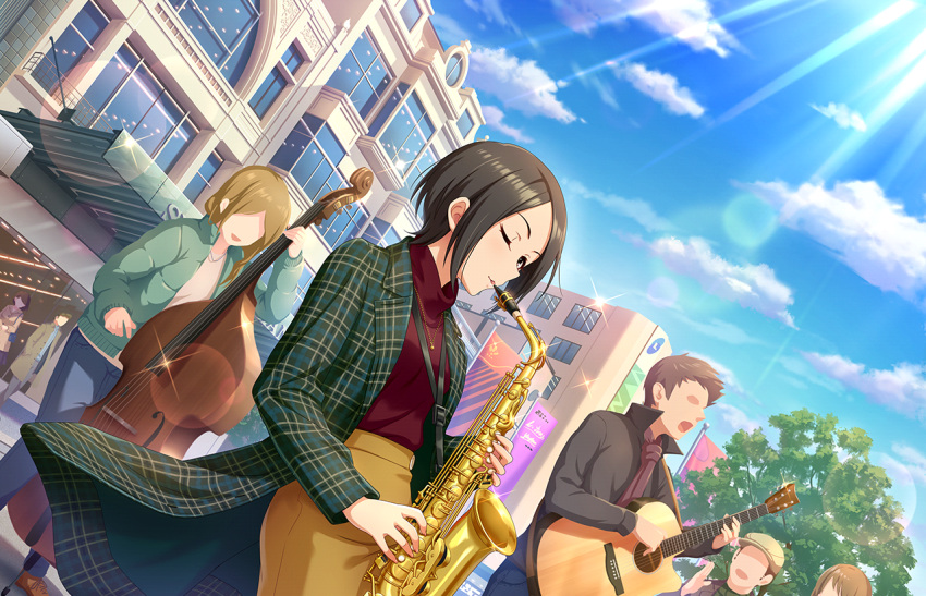 1girl artist_request bangs black_hair blue_sky building clouds coat day faceless guitar holding holding_instrument idolmaster idolmaster_cinderella_girls idolmaster_cinderella_girls_starlight_stage instrument jewelry music official_art one_eye_closed outdoors parted_bangs pendant plaid playing_instrument saxophone short_hair skirt sky smile solo_focus standing sunlight tougou_ai tree turtleneck