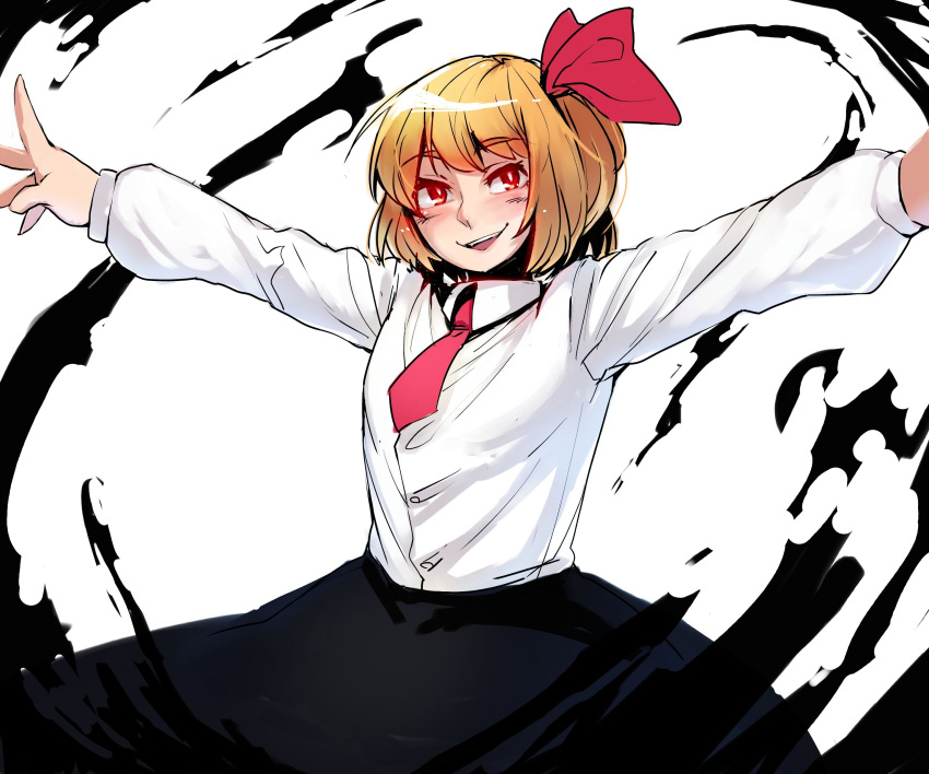 1boy absurdres anchors blonde_hair blush dark genderswap hair_ribbon highres necktie open_mouth outstretched_arms red_eyes ribbon rumia solo touhou