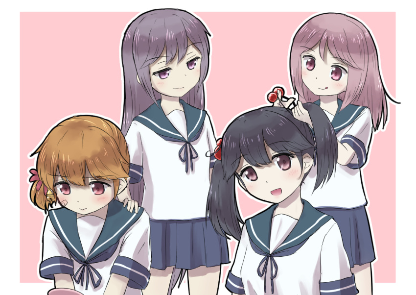 4girls :d adjusting_hair akebono_(kantai_collection) alternate_hairstyle bandaid black_hair brown_eyes brown_hair commentary_request flower hair_bobbles hair_flower hair_ornament hand_on_another's_shoulder kantai_collection long_hair multiple_girls oboro_(kantai_collection) open_mouth pink_hair purple_hair sazanami_(kantai_collection) school_uniform serafuku short_hair side_ponytail smile twintails ushio_(kantai_collection) violet_eyes wamu_(chartreuse)