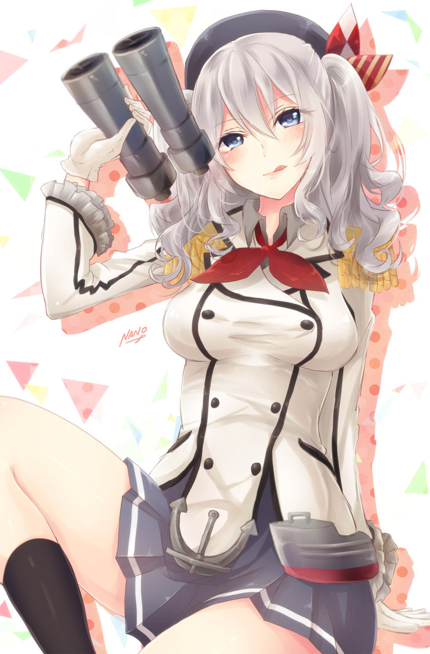 1girl binoculars blue_eyes breasts epaulettes gloves hat highres kantai_collection kashima_(kantai_collection) military military_uniform nano_(cherry_line) silver_hair skirt smile solo twintails uniform