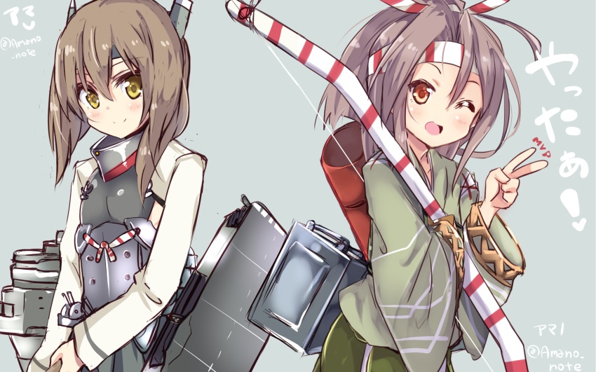 2girls :d ;d amano_kouki anchor blush bow_(weapon) brown_eyes brown_hair camouflage commentary_request flat_chest hachimaki hair_between_eyes hair_ribbon headband headgear high_ponytail highres holding_weapon japanese_clothes kantai_collection light_brown_hair long_hair long_sleeves looking_at_viewer machinery multiple_girls muneate mvp one_eye_closed open_mouth ponytail quiver ribbon short_hair simple_background skirt smile taihou_(kantai_collection) twitter_username v weapon yellow_eyes zuihou_(kantai_collection)