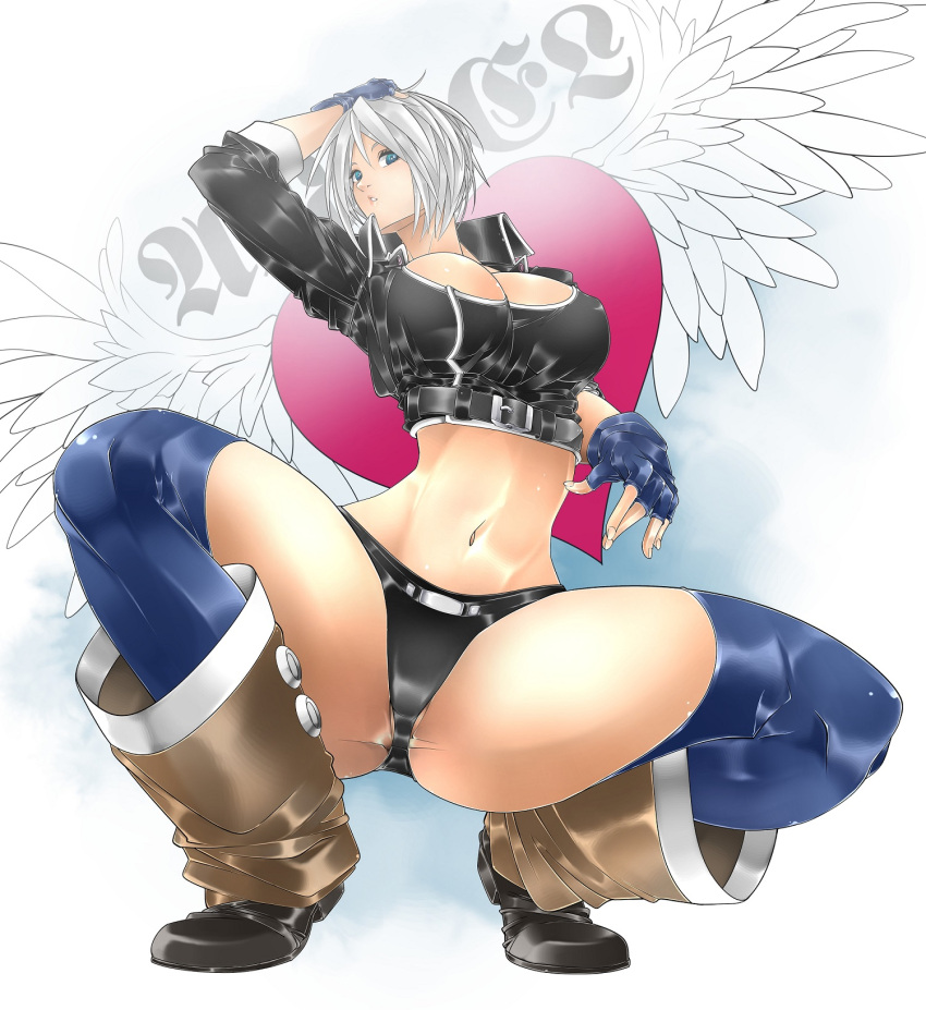 1girl angel_(kof) black_panties blue_eyes boots breasts cai-man chaps cleavage cowboy_boots cropped_jacket fingerless_gloves full_body gloves highres large_breasts leather_jacket midriff navel panties silver_hair solo spread_legs squatting the_king_of_fighters underwear