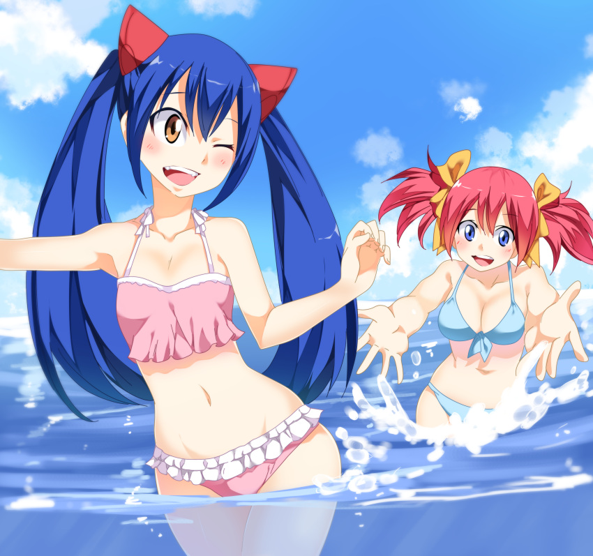 2girls absurdres bikini blue_bikini blue_eyes blue_hair breasts brown_eyes cleavage fairy_tail front-tie_top hair_ornament highres huge_filesize long_hair multiple_girls navel one_eye_closed open_mouth outdoors pink_swimsuit planeptune redhead sheria_blendy swimsuit twintails wendy_marvell