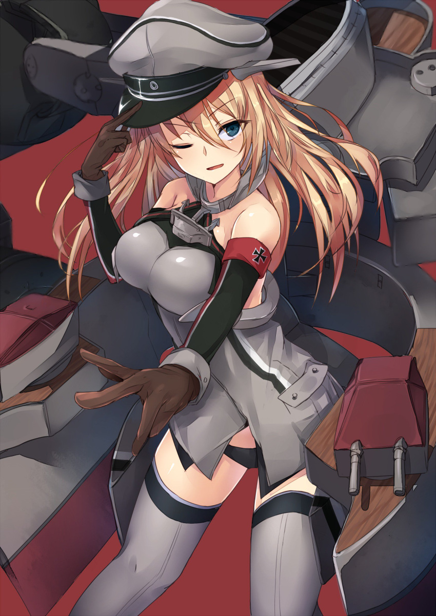 1girl absurdres bare_shoulders bismarck_(kantai_collection) black_panties blonde_hair blue_eyes breasts elbow_gloves gloves hand_on_headwear hat highres iron_cross kantai_collection long_hair looking_at_viewer machinery metindone no_pants one_eye_closed open_mouth outstretched_arm panties peaked_cap solo tagme thigh-highs underwear