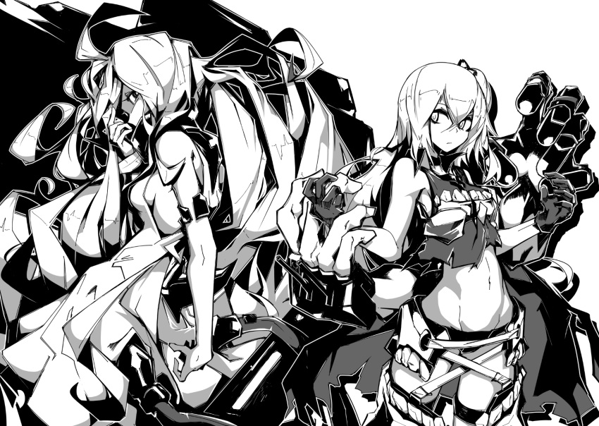 2girls breasts deel_(rkeg) destroyer_water_oni highres kantai_collection long_hair machinery monochrome multiple_girls navel one_side_up shinkaisei-kan sideboob submarine_hime turret