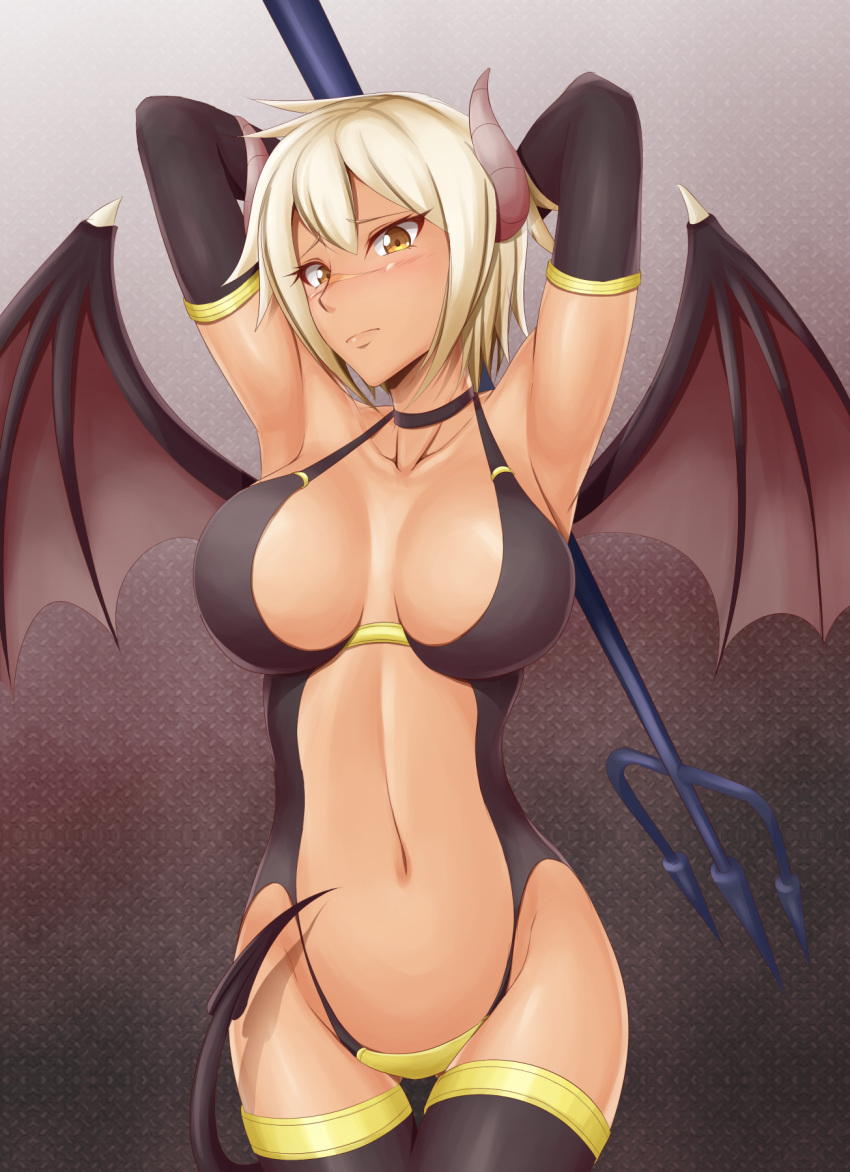 1girl armpits arms_up bare_shoulders black_legwear blazblue blonde_hair blush bodysuit breasts brown_background bullet_(blazblue) center_opening choker cleavage collarbone cowboy_shot demon_horns demon_tail demon_wings facial_mark highres hips holding_weapon horns navel orange_eyes polearm shaito short_hair simple_background solo standing stomach tail thigh-highs thigh_gap trident wavy_mouth weapon wings