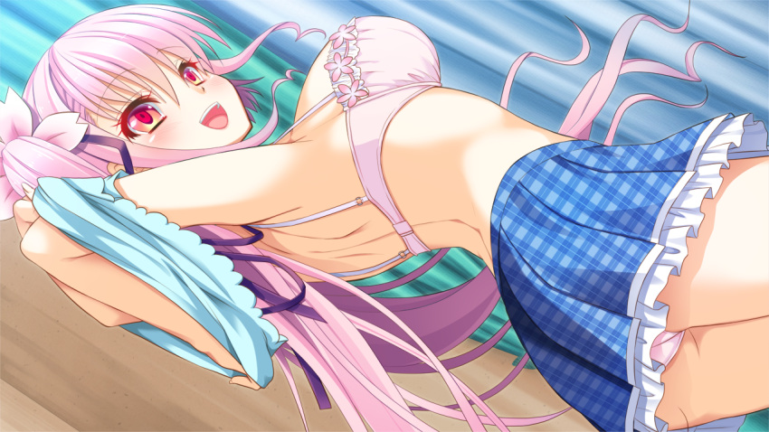 1girl alto_seneka arms_up ass blush bra breasts curtains dutch_angle game_cg hair_ornament hair_ribbon kamishiro_rise large_breasts long_hair open_mouth panties pink_bra pink_eyes pink_hair pink_panties plaid plaid_skirt ribbon sakura_synchronicity skirt smile solo twintails underwear undressing
