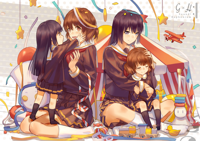 2girls :o bangs blue_eyes blush brown_hair brown_skirt child circus closed_eyes confetti copyright_name hands_on_another's_cheeks hands_on_another's_face head hibike!_euphonium highres horizontal_stripes hug if_they_mated indian_style instrument kneehighs kousaka_reina long_hair long_sleeves multiple_girls neckerchief oumae_kumiko party_popper pleated_skirt school_uniform serafuku short_hair sitting sitting_on_lap sitting_on_person skirt smile socks standing_on_person streamers surprised tent toy toy_airplane toy_train trumpet tuba-kun uniform wavy_hair yuri zicai_tang