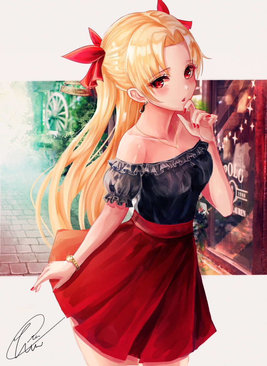 1girl black_shirt blonde_hair bow casual chiachun0621 collarbone cowboy_shot earrings ereshkigal_(fate/grand_order) eyebrows_visible_through_hair fate/grand_order fate_(series) hair_bow hair_intakes highres jewelry long_hair looking_at_viewer miniskirt nail_polish necklace off-shoulder_shirt off_shoulder pleated_skirt red_bow red_eyes red_nails red_skirt shiny shiny_hair shiny_skin shirt short_sleeves signature skirt solo sparkle standing watch watch white_background
