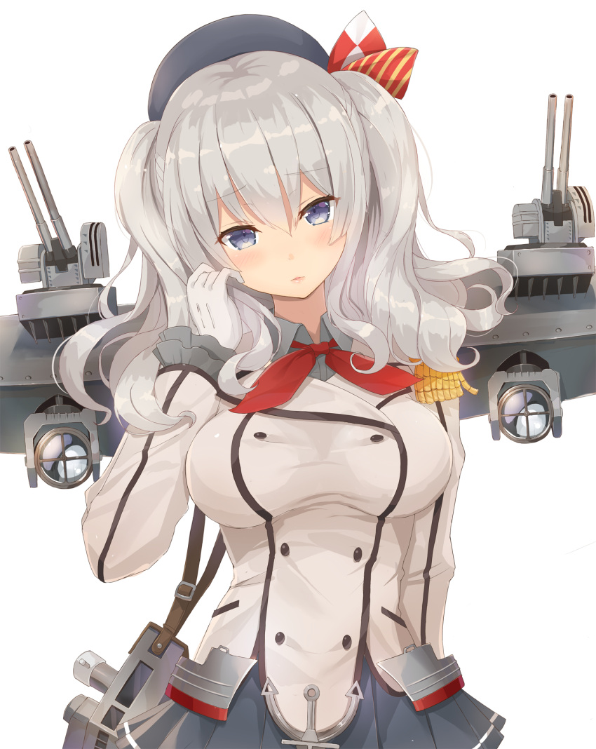 blue_eyes blush gloves hat kantai_collection kashima_(kantai_collection) long_hair personification silver_hair smile twintails uniform