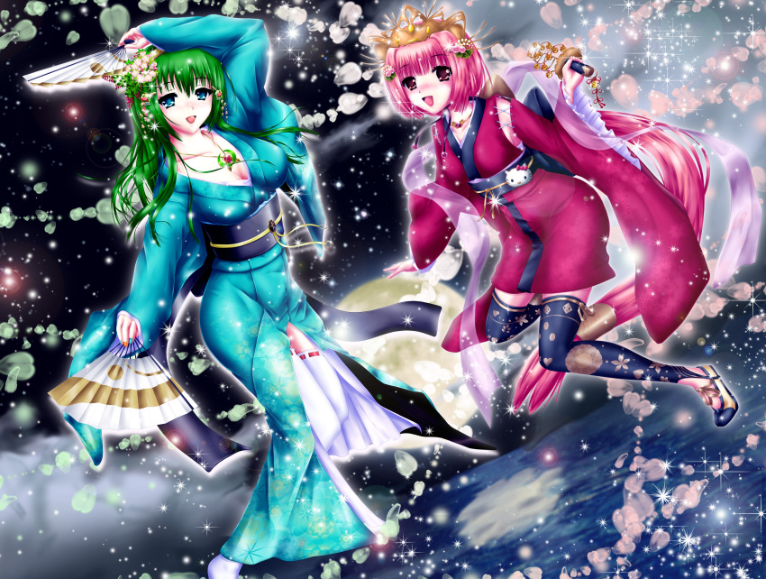 2girls :d absurdres arm_on_head arm_up bangs blue_eyes blue_legwear blue_shoes blunt_bangs blush breasts cleavage collarbone cross-laced_clothes detached_sleeves dual_wielding fan floral_print flower folding_fan frilled_sleeves frills full_body glint green_hair gumi hair_flower hair_ornament hairpin hello_kitty highres japanese_clothes jewelry kimono large_breasts long_hair long_sleeves looking_at_viewer low-tied_long_hair multicolored_nail_polish multiple_girls nail_polish necklace nekomura_iroha no_shoes nohoho_(kakikonchi) open_mouth pendant petals pink_hair red_eyes ribbon ribbon-trimmed_legwear ribbon_trim sash see-through shoes short_hair smile star starry_background thigh-highs tiara very_long_hair vocaloid white_legwear wide_sleeves yellow_ribbon