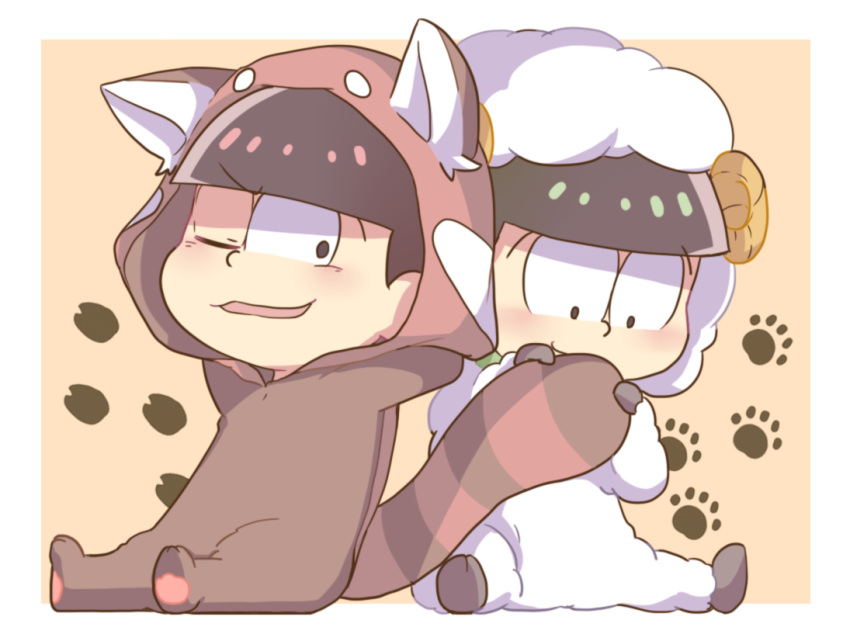 2boys animal_costume animal_ears arms_up bangs black_eyes black_hair blunt_bangs brothers chibi choromatsu full_body holding_another's_tail hood horns korokorone310 leaning_back leaning_on_person looking_at_viewer male_focus multiple_boys one_eye_closed osomatsu-kun osomatsu-san osomatsu_(osomatsu-kun) paw_print sheep_costume sheep_horns siblings sitting smile tail