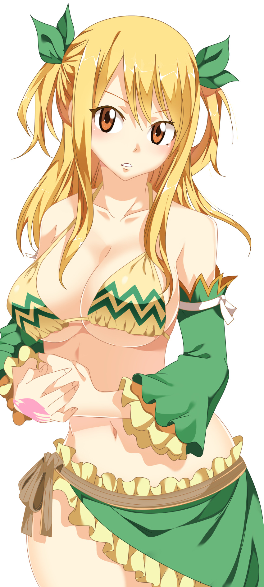 absurdres bikini blonde_hair breasts brown_eyes cleavage detached_sleeves fairy_tail hair_ornament highres long_hair looking_at_viewer lucy_heartfilia navel planeptune sideboob swimsuit tattoo transparent_background under_boob