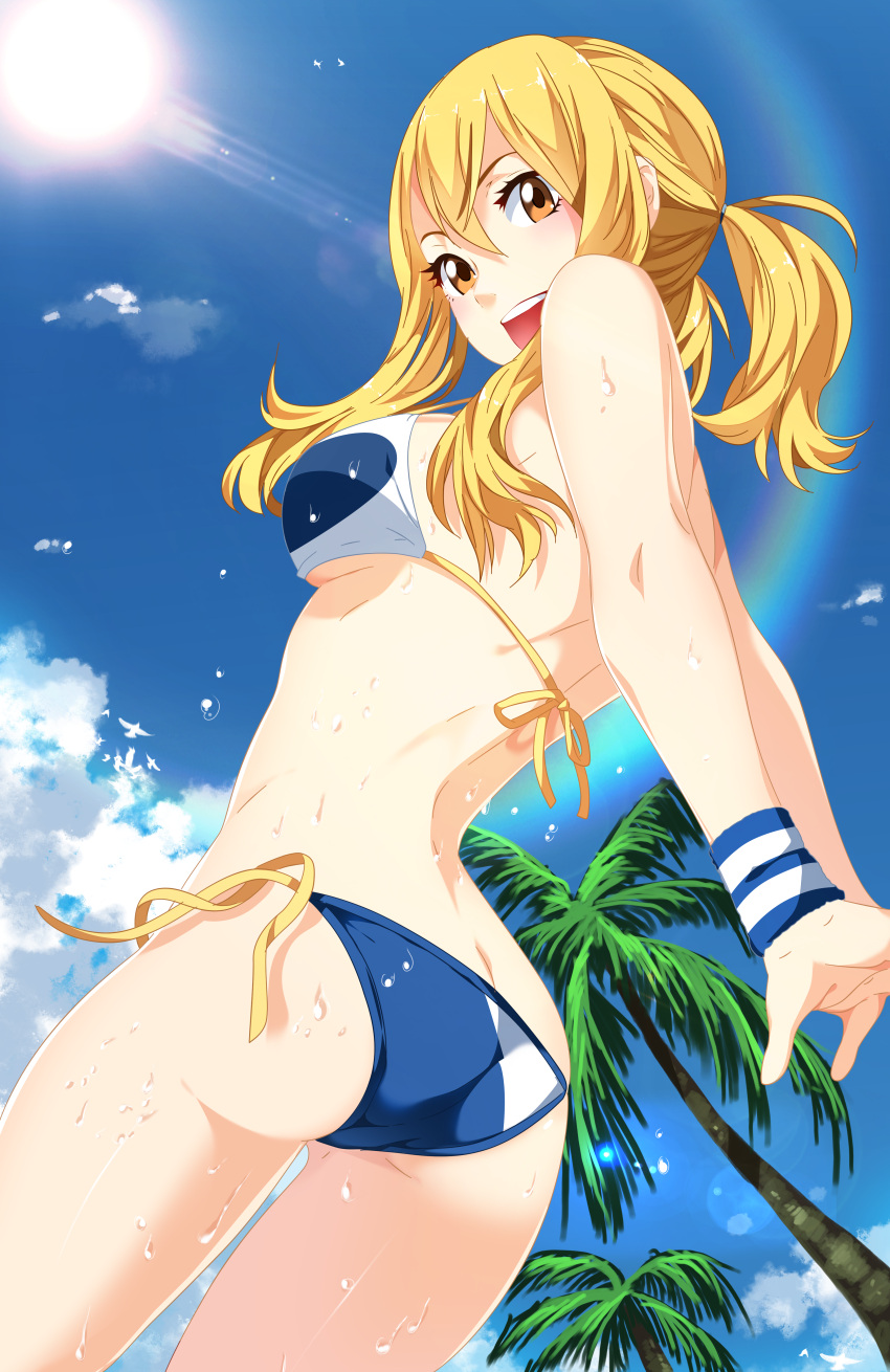 1girl absurdres ass bikini blonde_hair breasts brown_eyes fairy_tail from_below highres long_hair looking_at_viewer lucy_heartfilia open_mouth outdoors palm_tree planeptune side-tie_bikini sideboob solo sun swimsuit tree under_boob