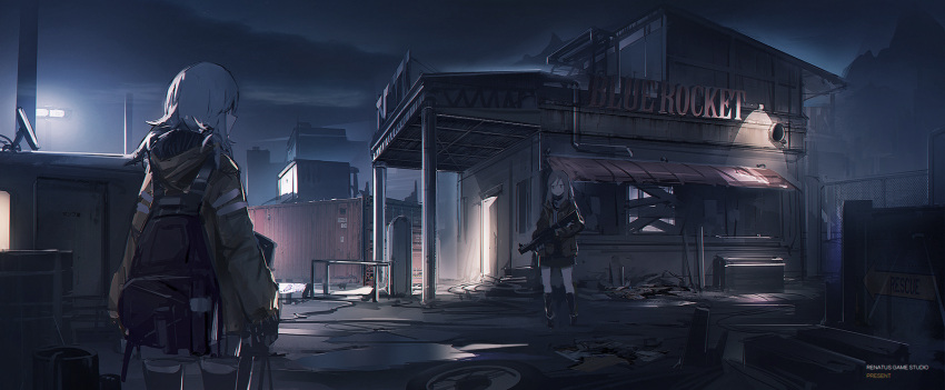 2girls backpack bag boarded_windows brown_hair building coat cowboy_shot from_behind gun highres hooded_jacket lamp long_hair looking_at_another multiple_girls night original renatus.z rifle ruins shipping_container tagme weapon white_hair