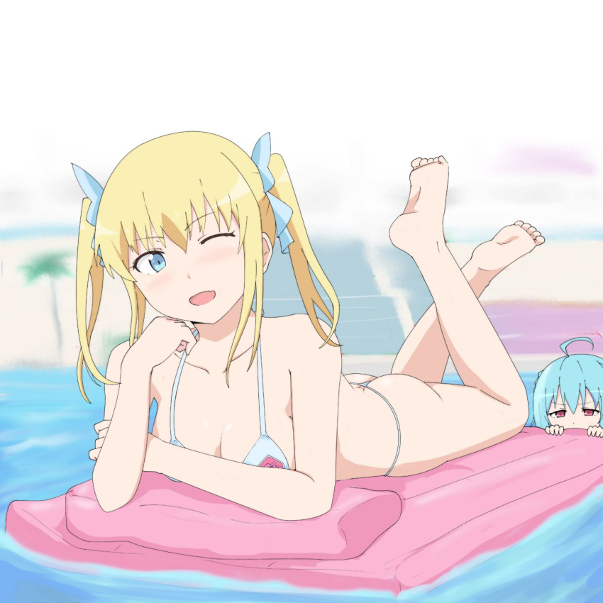 2girls ahoge ass bikini blonde_hair blue_eyes blue_hair chin_rest fang floating gakusen_toshi_asterisk highres inflatable_raft jpeg_artifacts looking_at_another lying maimai251 micro_bikini multiple_girls on_stomach one_eye_closed open_mouth pool red_eyes sasamiya_saya short_hair solo_focus swimsuit twintails violet_weinberg water