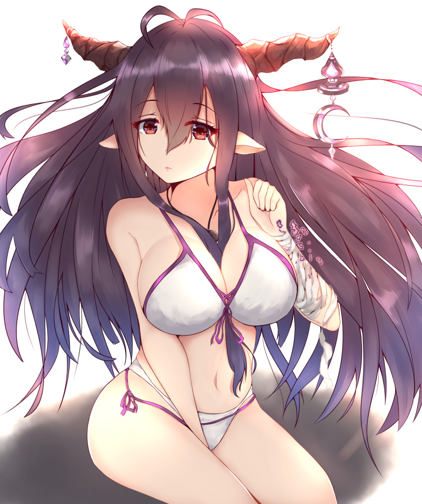 1girl antenna_hair ayase_chisato_(ay_c1) bandaged_arm bandages bikini breasts cleavage collarbone commentary_request danua granblue_fantasy hair_between_eyes highres horn_ornament jewelry large_breasts lips long_hair looking_at_viewer pointy_ears purple_hair red_eyes sitting solo swimsuit white_bikini white_swimsuit