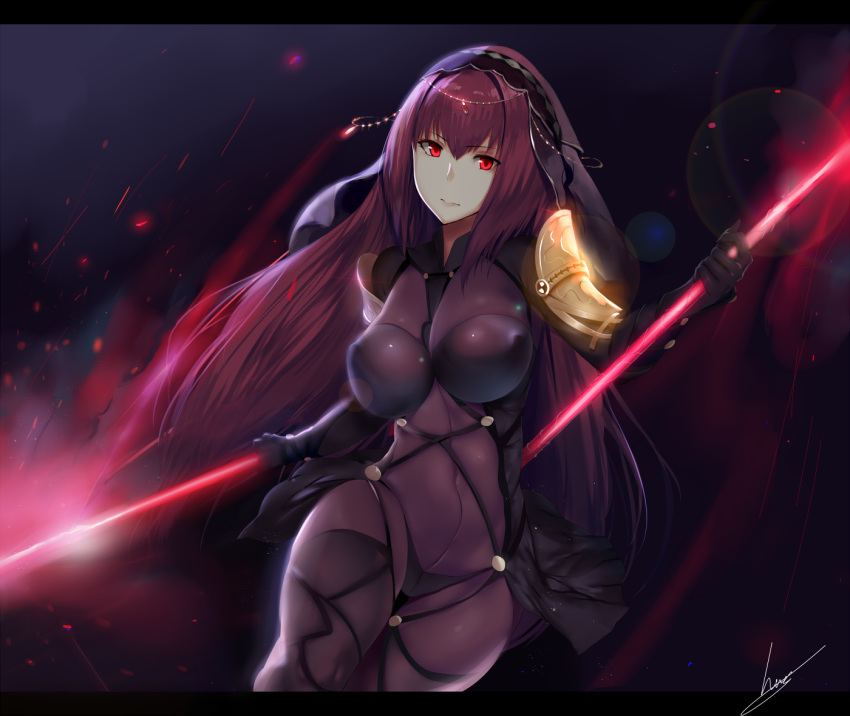1girl bodysuit breasts covered_navel fate/grand_order fate_(series) glowing hair_ornament hews_hack long_hair looking_at_viewer pauldrons polearm purple_hair red_eyes scathach_(fate/grand_order) solo spear very_long_hair weapon