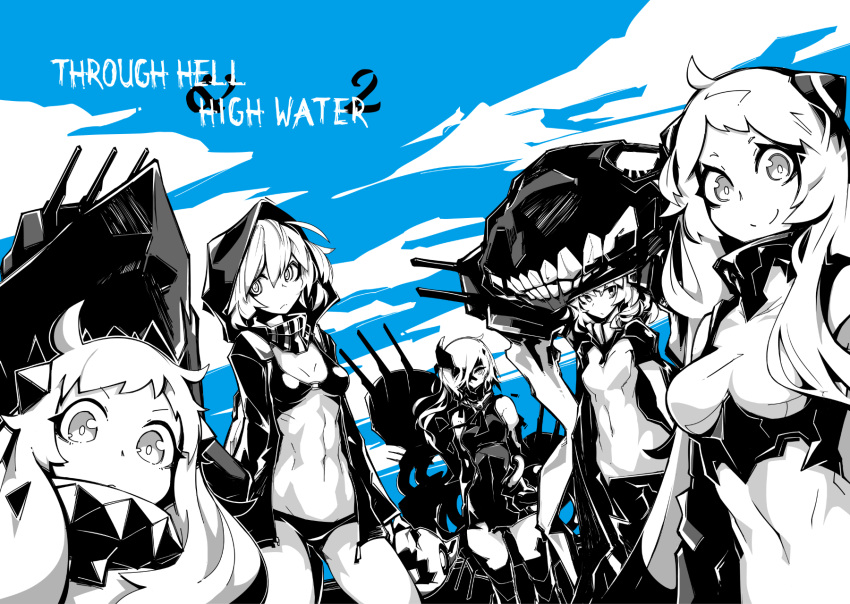 5girls ahoge airfield_hime bikini blue_sky deel_(rkeg) enemy_aircraft_(kantai_collection) face_mask headgear highres horns kantai_collection long_hair looking_at_viewer machinery mask multiple_girls navel ne-class_heavy_cruiser northern_ocean_hime partially_colored re-class_battleship shinkaisei-kan short_hair sky smile swimsuit turret wo-class_aircraft_carrier