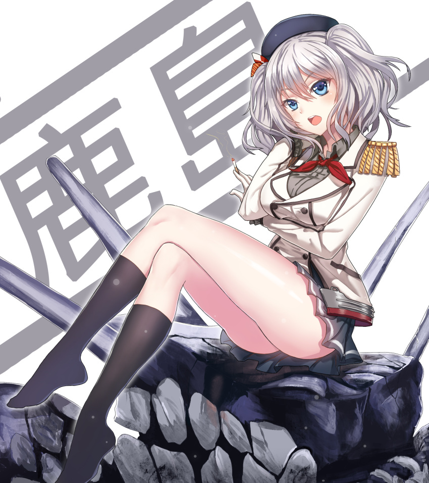 1girl absurdres beret black_legwear black_shirt black_skirt blue_eyes bow cannon cigarette collared_shirt crossed_legs epaulettes frilled_sleeves frills gloves guangfu_bao_tong_meng0-0 hair_between_eyes hat hat_bow highres kantai_collection kashima_(kantai_collection) kneehighs legs long_sleeves looking_at_viewer machinery military military_uniform monster open_mouth pleated_skirt red_ribbon ribbon shinkaisei-kan shirt short_hair silver_hair sitting skirt smoke solo teeth turret two_side_up uniform white_gloves