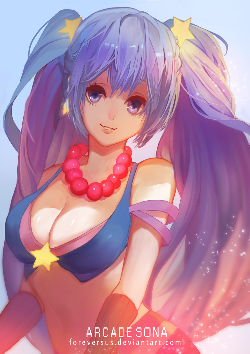 1girl absurdres aqua_eyes aqua_hair arcade_sona artist_name blue_hair breasts cleavage foreversus highres jewelry league_of_legends long_hair necklace solo sona_buvelle twintails very_long_hair