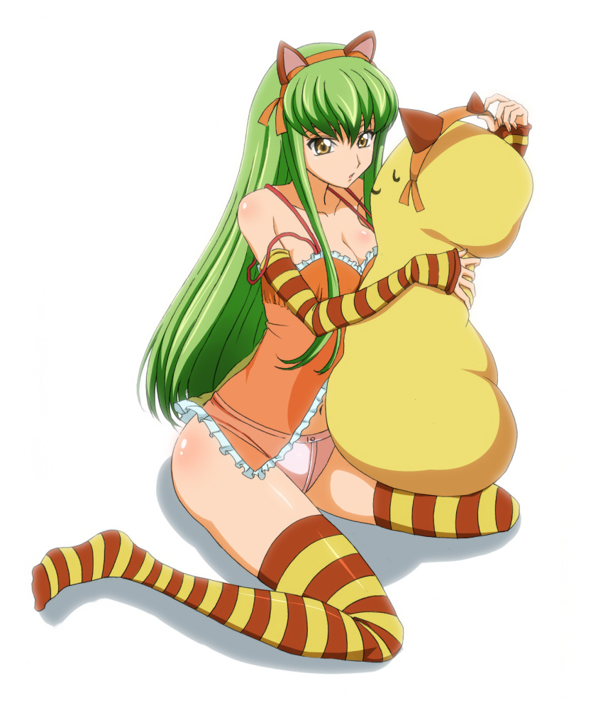 1girl breasts c.c. cat_hair_ornament ccllsaikou cheese-kun cleavage code_geass detached_sleeves green_hair hair_ornament highres lingerie long_hair navel negligee panties pink_panties see-through simple_background solo striped striped_legwear striped_sleeves thigh-highs underwear white_background yellow_eyes