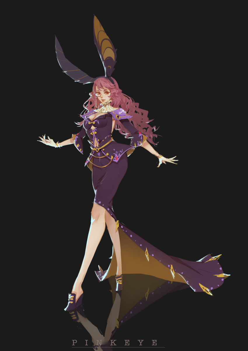 1girl absurdres animal_ears bracelet breasts cleavage curly_hair dianling_laolao dress hairband high_heels highres jewelry lips lipstick looking_to_the_side makeup mirror_image mole mole_under_eye monocle pale_skin pink_hair rabbit_ears red_eyes solo walking wavy_hair