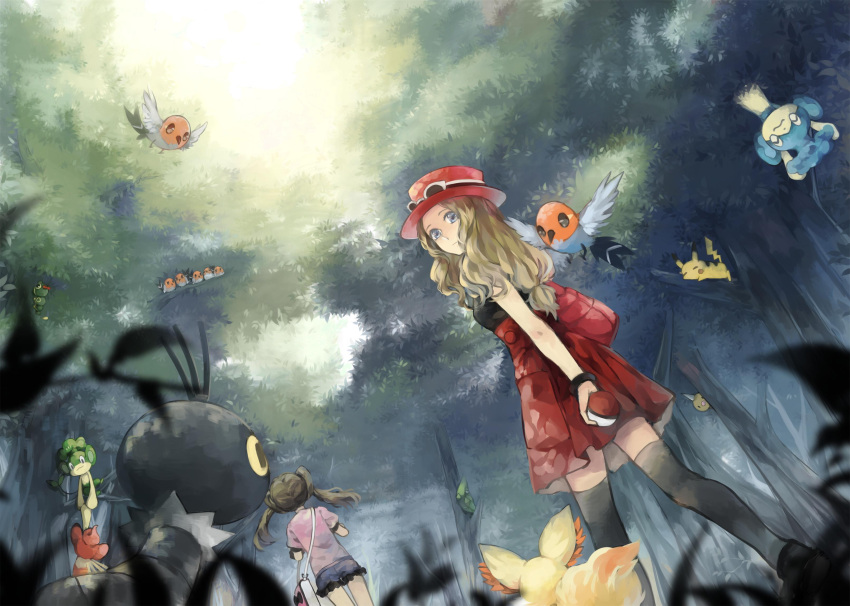 2girls absurdres black_legwear blue_eyes blue_shorts brown_hair caterpie fennekin fletchling forest highres light_brown_hair looking_at_viewer metapod multiple_girls nature outdoors panpour pansage pansear pikachu poke_ball pokemon pokemon_(creature) pokemon_(game) pokemon_xy red_skirt sana_(pokemon) scatterbug serena_(pokemon) skirt thigh-highs twintails weedle xixiongcumo zettai_ryouiki