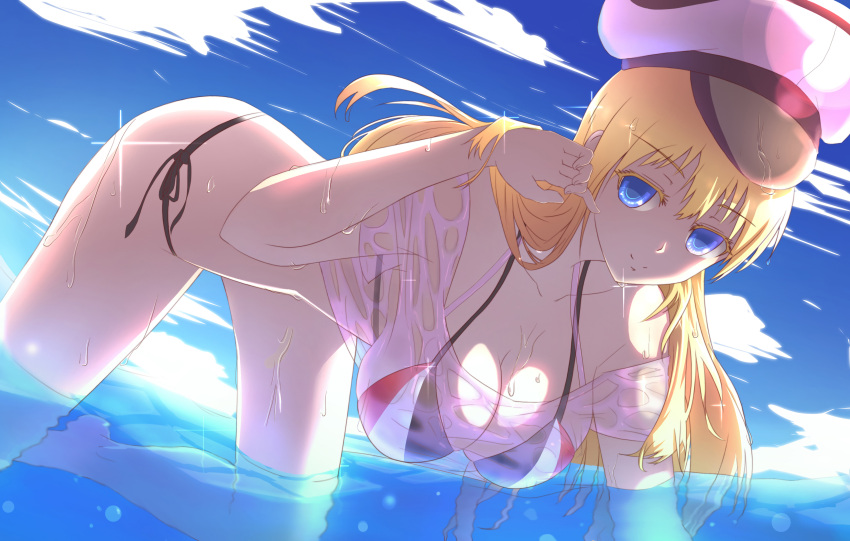 1girl absurdres adjusting_hair all_fours bangs barefoot bikini bismarck_(kantai_collection) blonde_hair blue_eyes breasts bubble cleavage clouds colored_eyelashes crop_top dutch_angle from_side hanging_breasts hat highres kantai_collection large_breasts lens_flare light_smile long_hair looking_at_viewer moonhackle ocean partially_submerged peaked_cap see-through shirt short_sleeves side-tie_bikini sideboob sky smile solo sparkle string_bikini swimsuit swimsuit_under_clothes t-shirt very_long_hair water wet wet_clothes wet_shirt white_shirt xylinda