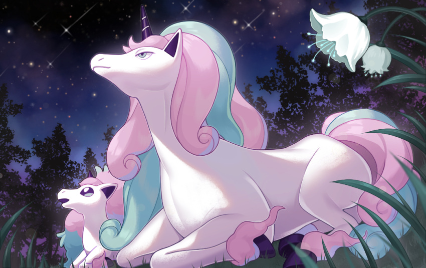 closed_mouth commentary_request evolutionary_line flower from_below from_side galarian_ponyta galarian_rapidash grass kuzunue looking_up night no_humans outdoors pokemon pokemon_(creature) shooting_star sky star_(sky) white_flower