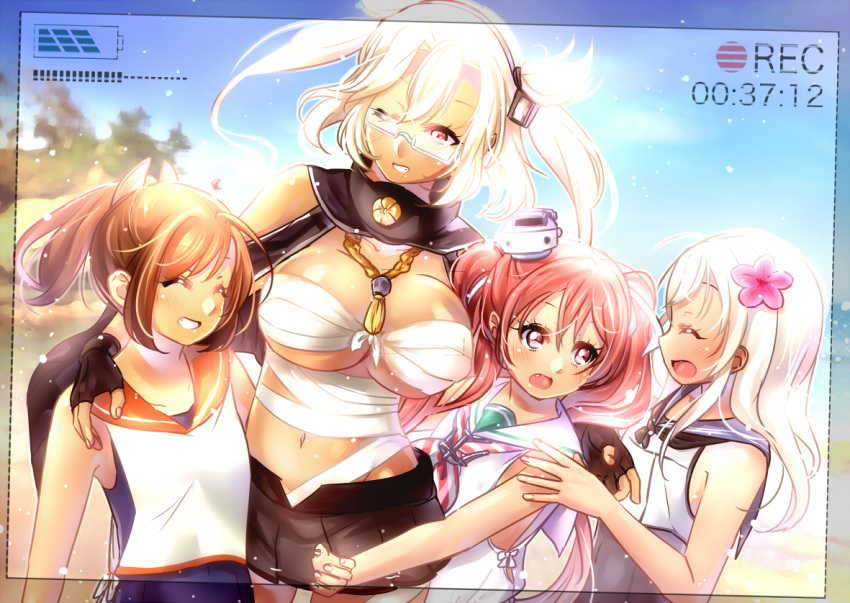 4girls breasts brown_hair budget_sarashi closed_eyes collarbone dark_skin fang fingerless_gloves flower glasses gloves gorget juurouta kantai_collection large_breasts laughing long_hair miniskirt multiple_girls musashi_(kantai_collection) navel one_eye_closed pink_hair ponytail sarashi school_swimsuit size_difference skirt small_breasts smile swimsuit twintails white_hair