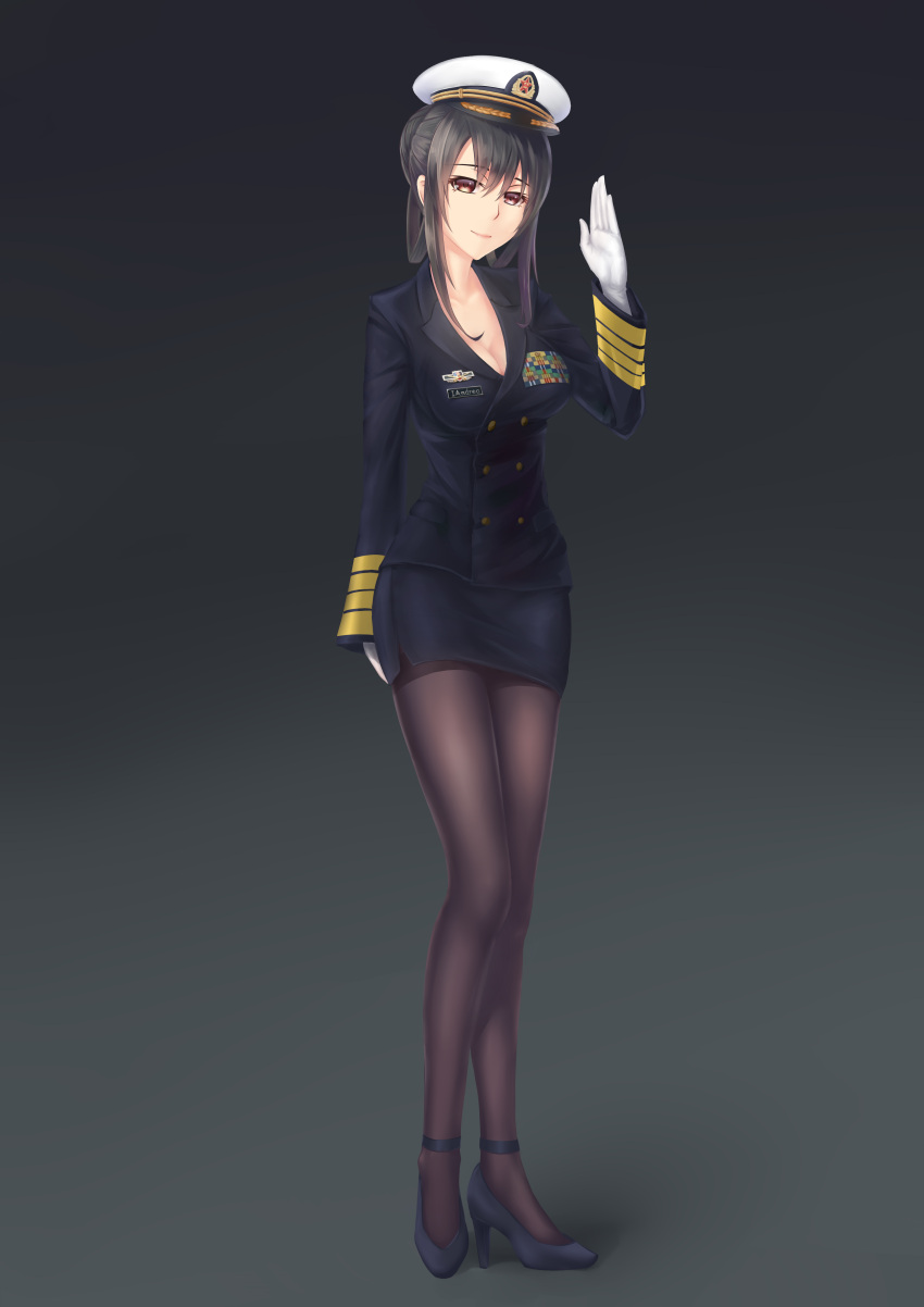 1girl absurdres black_hair black_legwear breasts brown_eyes cleavage female_admiral_(kantai_collection) gloves highres ian_wang kantai_collection long_hair looking_at_viewer pantyhose smile solo white_gloves