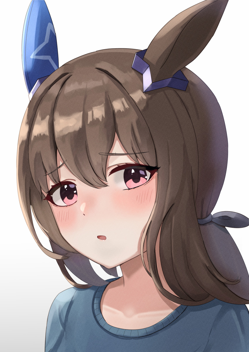 1girl :o absurdres admire_vega_(umamusume) animal_ears blue_shirt brown_hair close-up collarbone commentary_request ear_ornament eyebrows_visible_through_hair eyelashes grayllust hair_between_eyes hair_ribbon highres horse_ears horse_girl light_blush long_hair looking_at_viewer looking_to_the_side open_mouth pink_eyes ribbon shiny shiny_hair shirt simple_background solo umamusume upper_body white_background