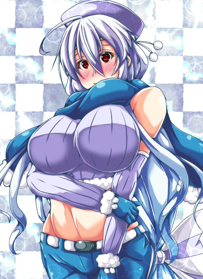 1girl bare_shoulders blush breasts detached_sleeves hat highres large_breasts long_hair midriff misakana red_eyes ribbed_sweater silver_hair solo sweater very_long_hair vocaloid voyakiloid yowane_haku