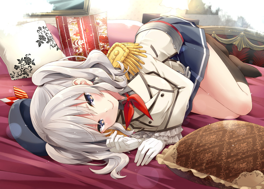 1girl bed_sheet beret black_legwear black_shirt blue_eyes blue_skirt blush bow buttons collared_shirt dust epaulettes eretto frilled_sleeves frills full_body gloves hat hat_bow hat_removed headwear_removed kantai_collection kashima_(kantai_collection) kneehighs lamp light long_sleeves looking_at_viewer lying military military_uniform on_bed on_side pillow pleated_skirt red_ribbon ribbon shirt short_hair silver_hair skirt smile solo two_side_up uniform white_gloves