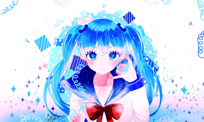 1girl :t artist_name blue_eyes blue_hair blush bow bowtie collarbone dated hair_ornament hairclip hatsune_miku highres hzrn_(ymj924) long_hair pose red_bow red_bowtie sailor_collar school_uniform shirt solo sparkle symbol-shaped_pupils twintails upper_body vocaloid wavy_mouth white_shirt