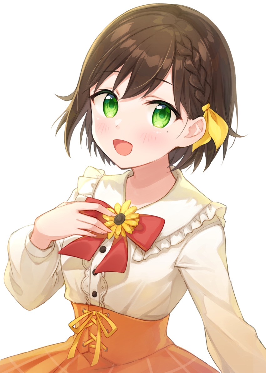 1girl :d bangs blush braid brown_hair center_frills collared_shirt corset eyebrows_visible_through_hair flower frills green_eyes hair_ribbon hand_on_own_chest highres kashiko_mari long_sleeves looking_to_the_side midori_miyako mole mole_under_eye neck_ribbon open_mouth re:act ribbon shirt short_hair signature skirt smile solo sunflower underbust virtual_youtuber