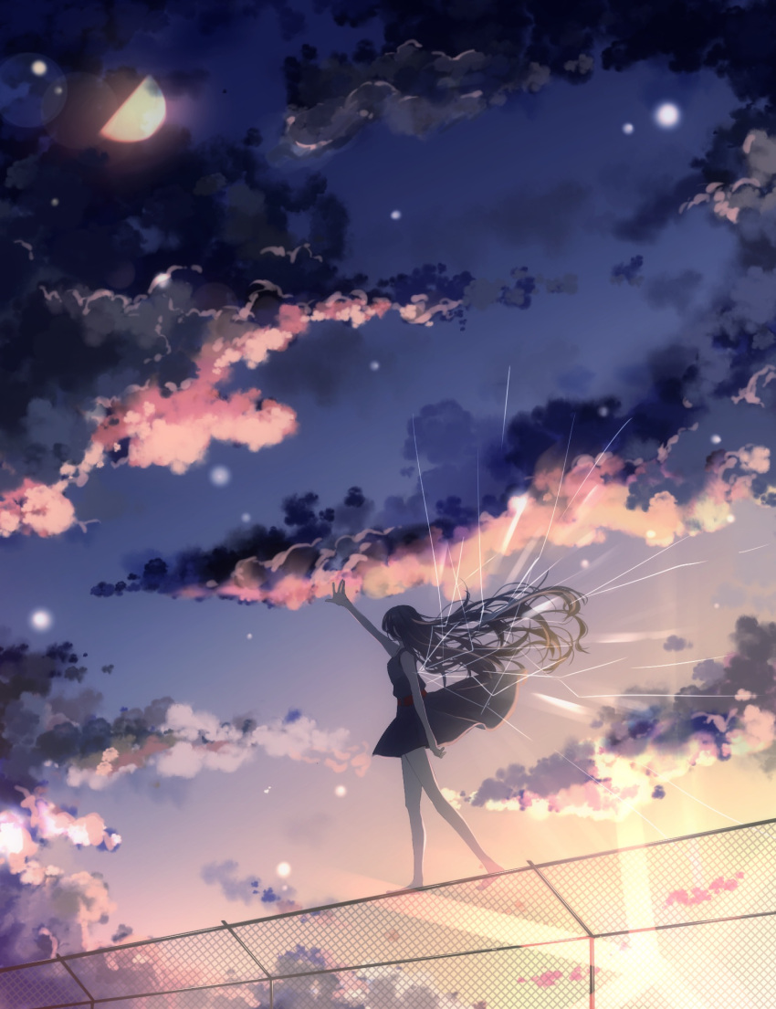 1girl bare_arms bare_legs bare_shoulders barefoot black_dress black_hair chunnkoromochi clouds cloudy_sky dress fence floating_hair highres long_hair on_fence original outstretched_arm sky sleeveless sleeveless_dress solo sunlight sunset very_long_hair vocaloid walking wind yoake_to_hotaru_(vocaloid)